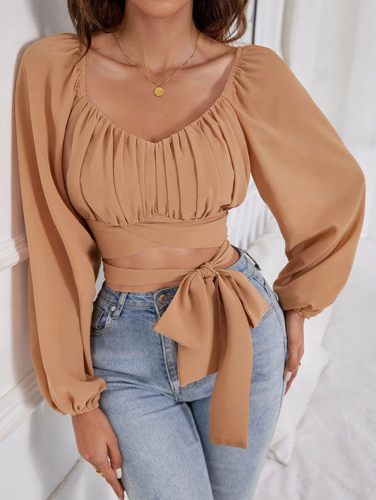 Ruched Bust Lantern Sleeve Knot Front Crop Blouse