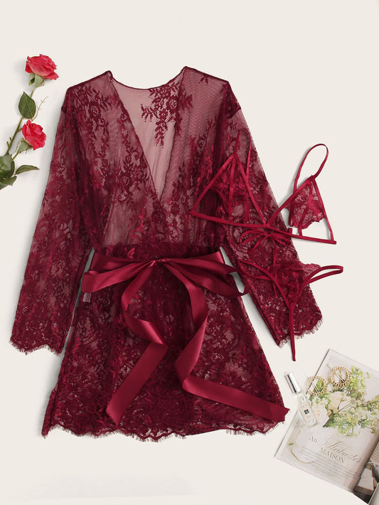 3pack Floral Lace Lingerie Set Belted Robe