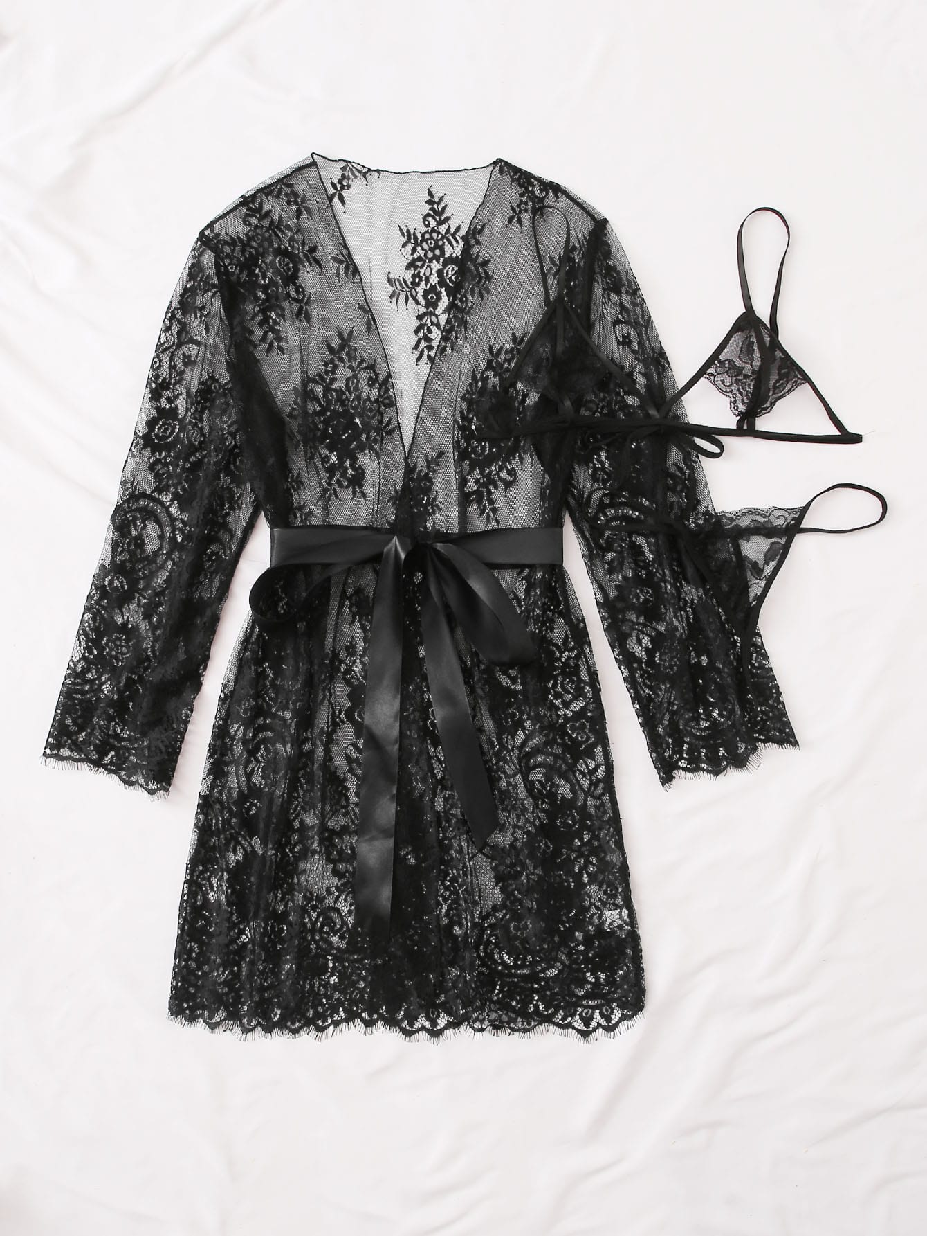 Plus Floral Lace Lingerie Set With Belted Robe