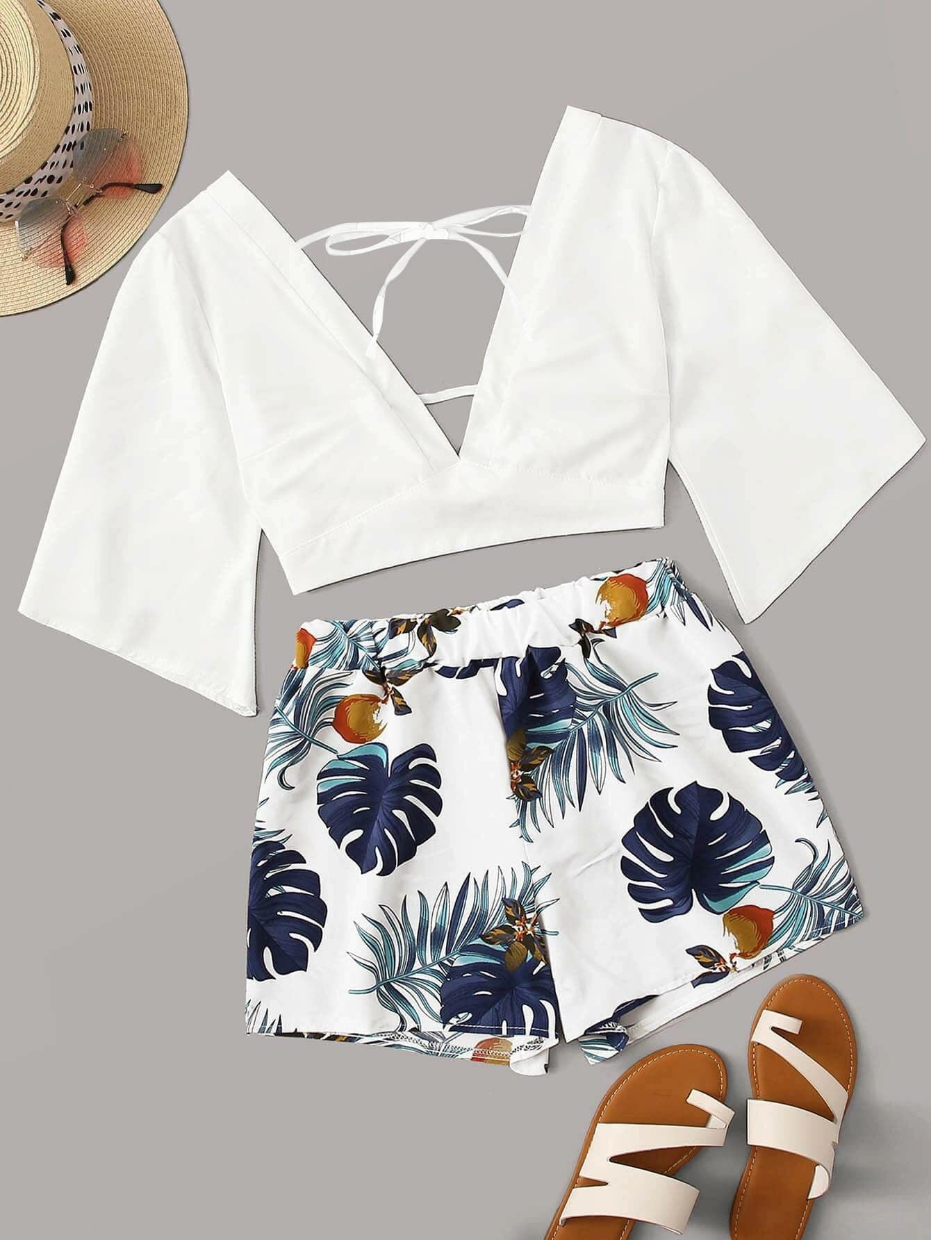 Plunging Self Tie Top Tropical Print Shorts Set