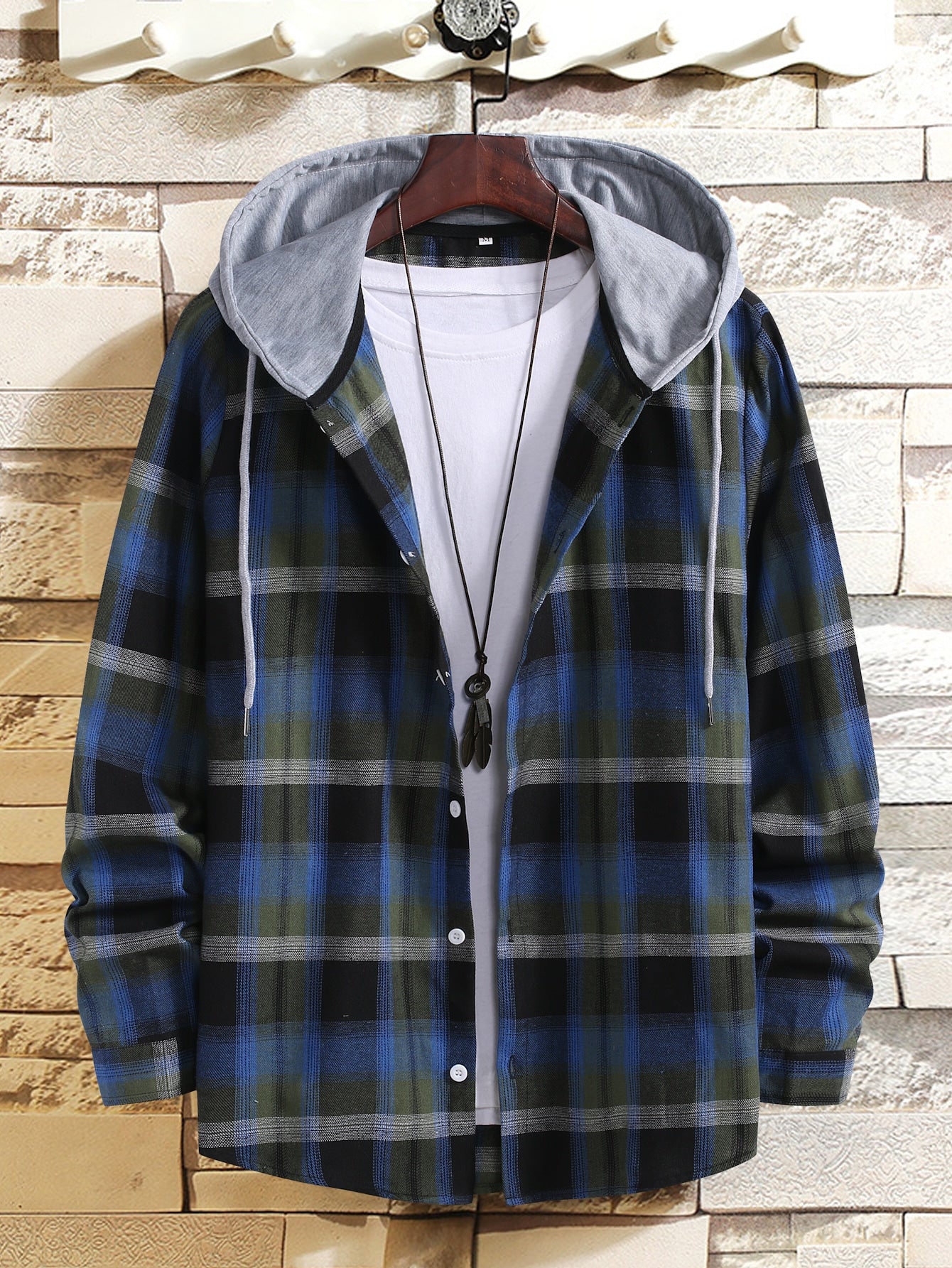Men Plaid Print Button Up Drawstring Hooded Shirt Without Tee