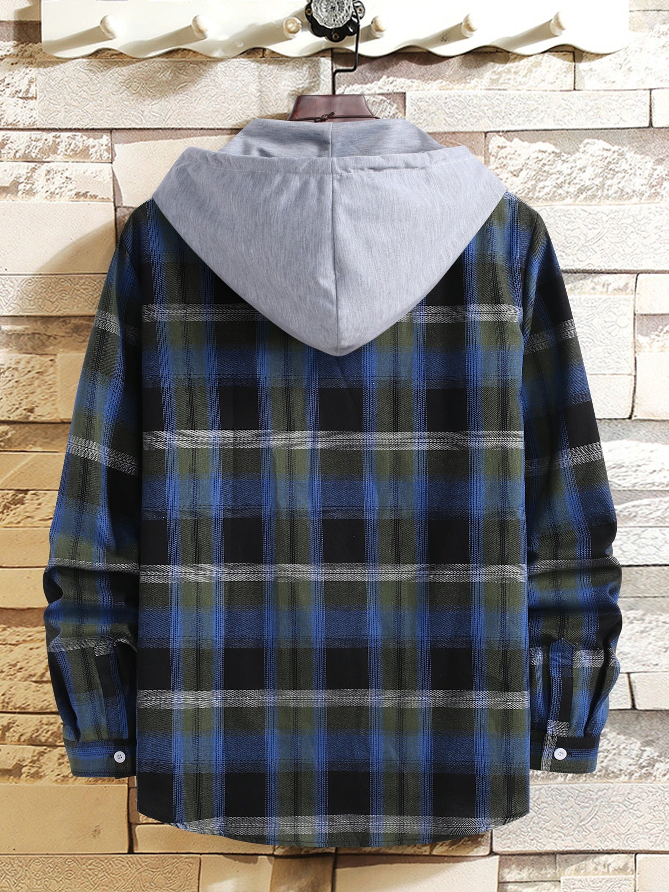 Men Plaid Print Button Up Drawstring Hooded Shirt Without Tee