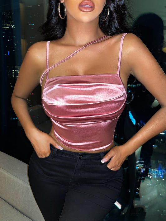 SXY Strappy Detail Ruched Front Satin Cami Top
