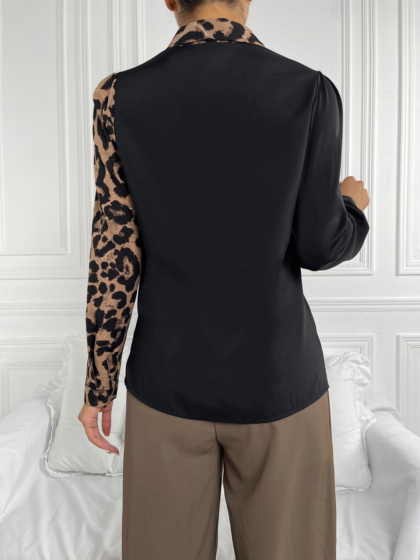 Leopard Print Spliced Button Up Blouse