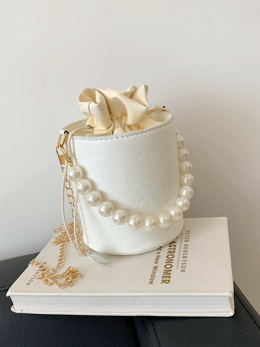 Faux Pearl Decor Drawstring Bucket Bag