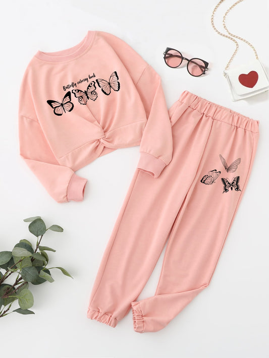 Girls Letter And Butterfly Print Twist Front Pullover Sweatpants