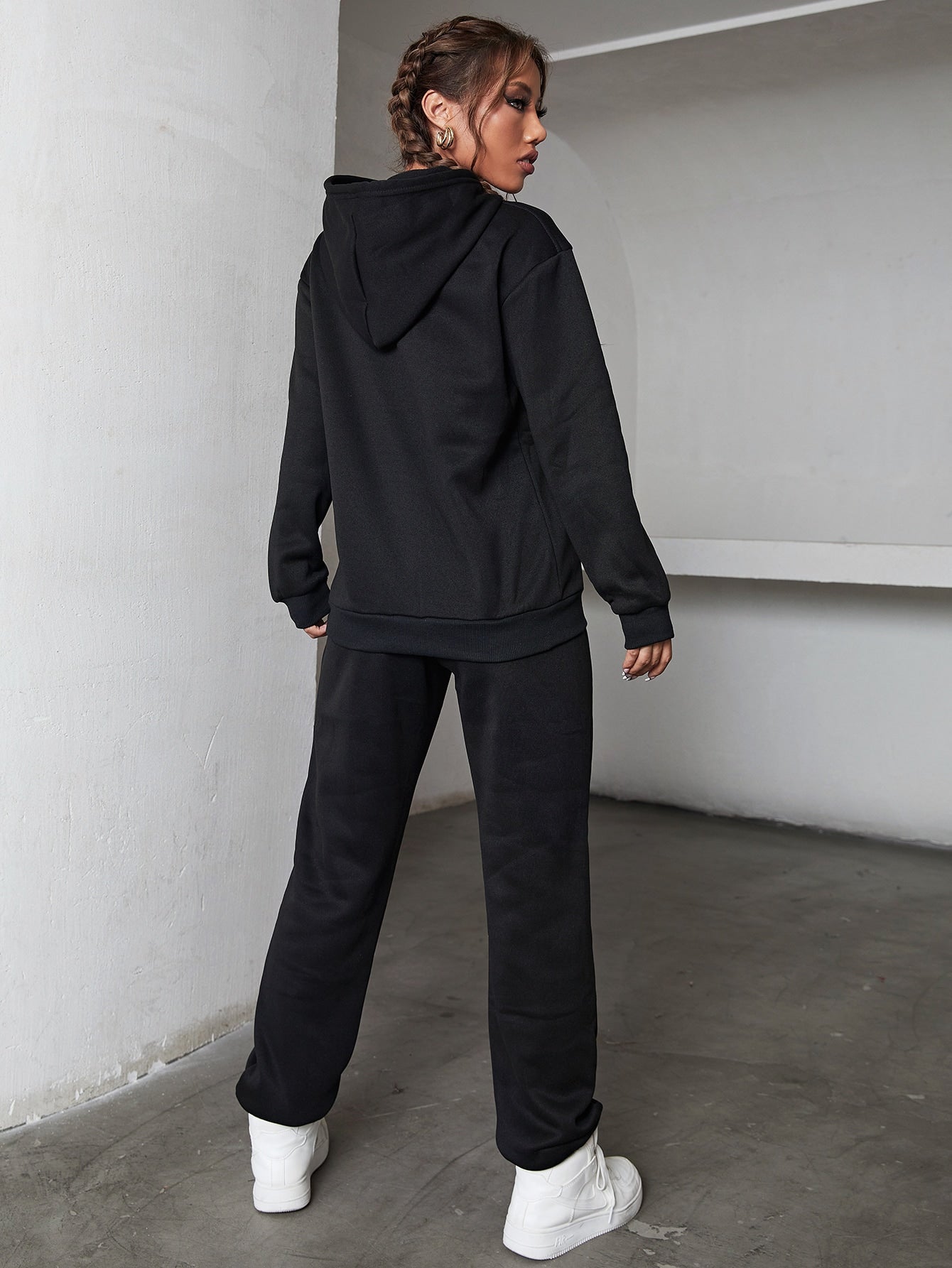Solid Drawstring Detail Thermal Lined Sweatshirt Sweatpants