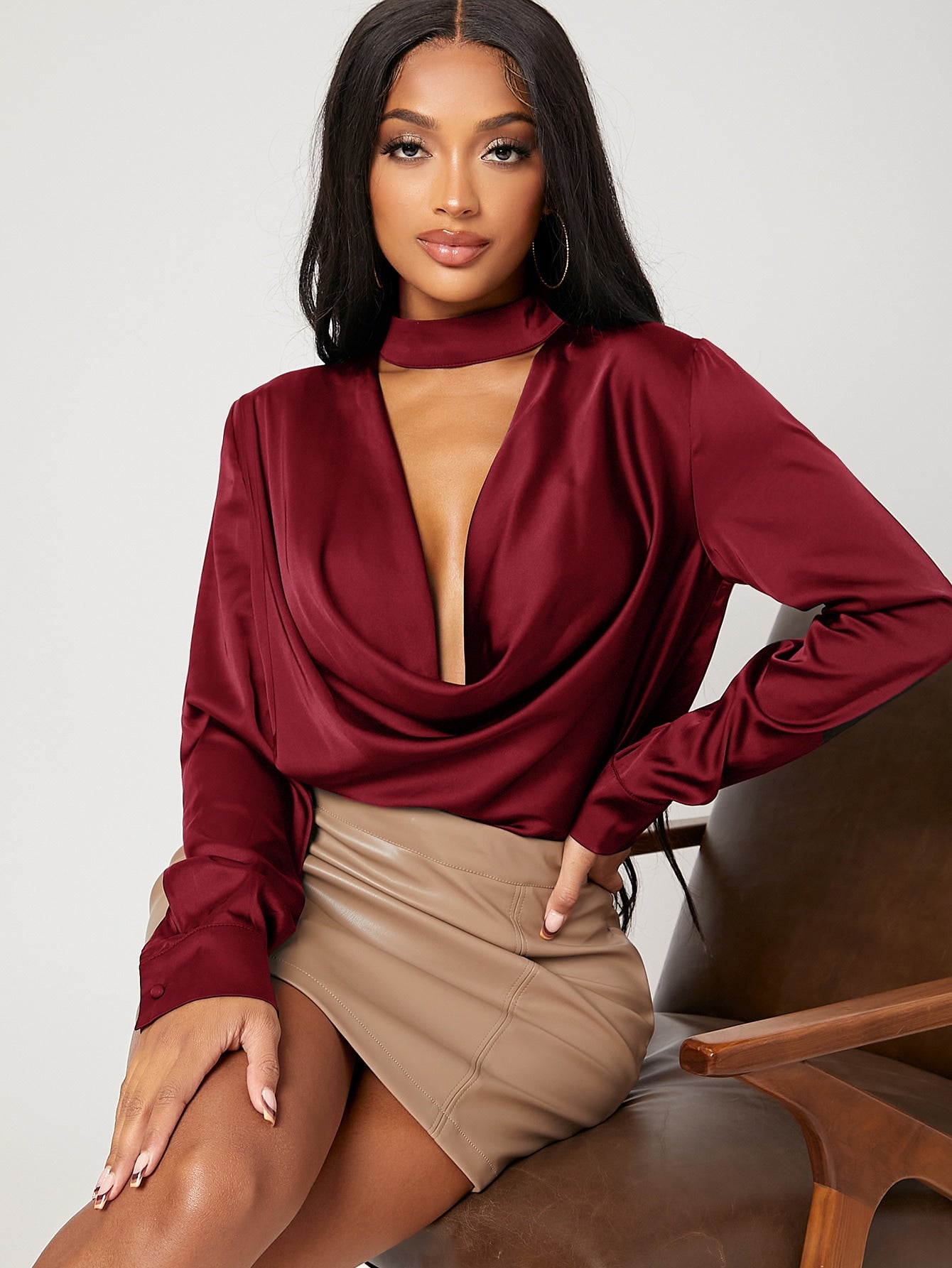 Solid Mock Neck Cut Out Satin Blouse