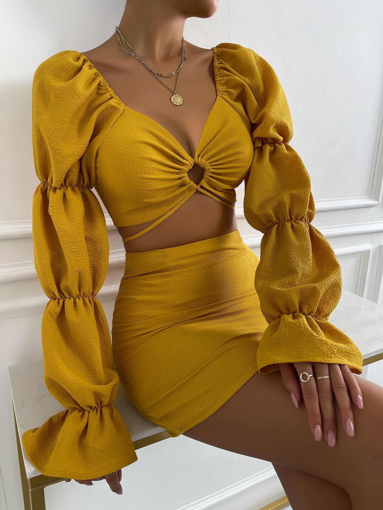 Cut Out Gathered Sleeve Flounce Cuff Crop Top Bodycon Skirt