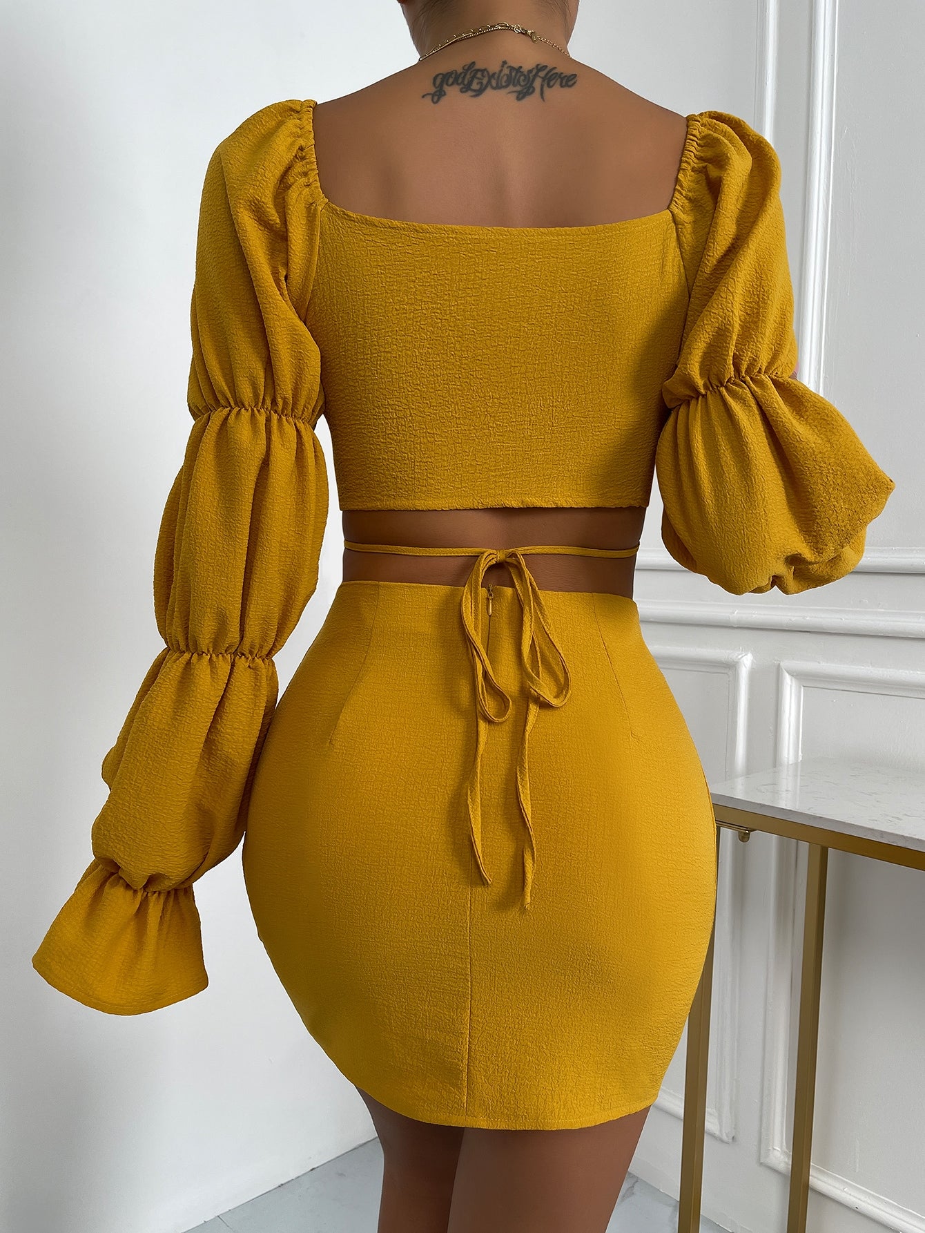 Cut Out Gathered Sleeve Flounce Cuff Crop Top Bodycon Skirt