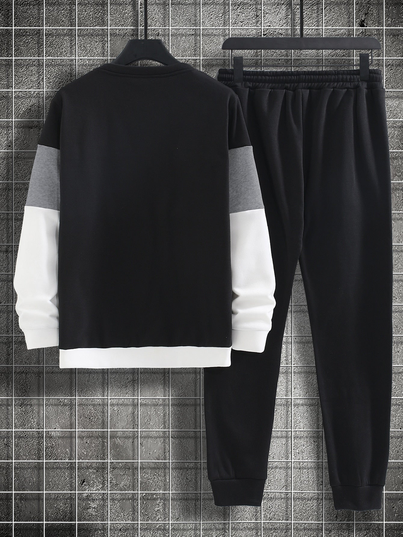 Men Colorblock Letter Graphic Thermal Pullover Drawstring Waist Sweatpants