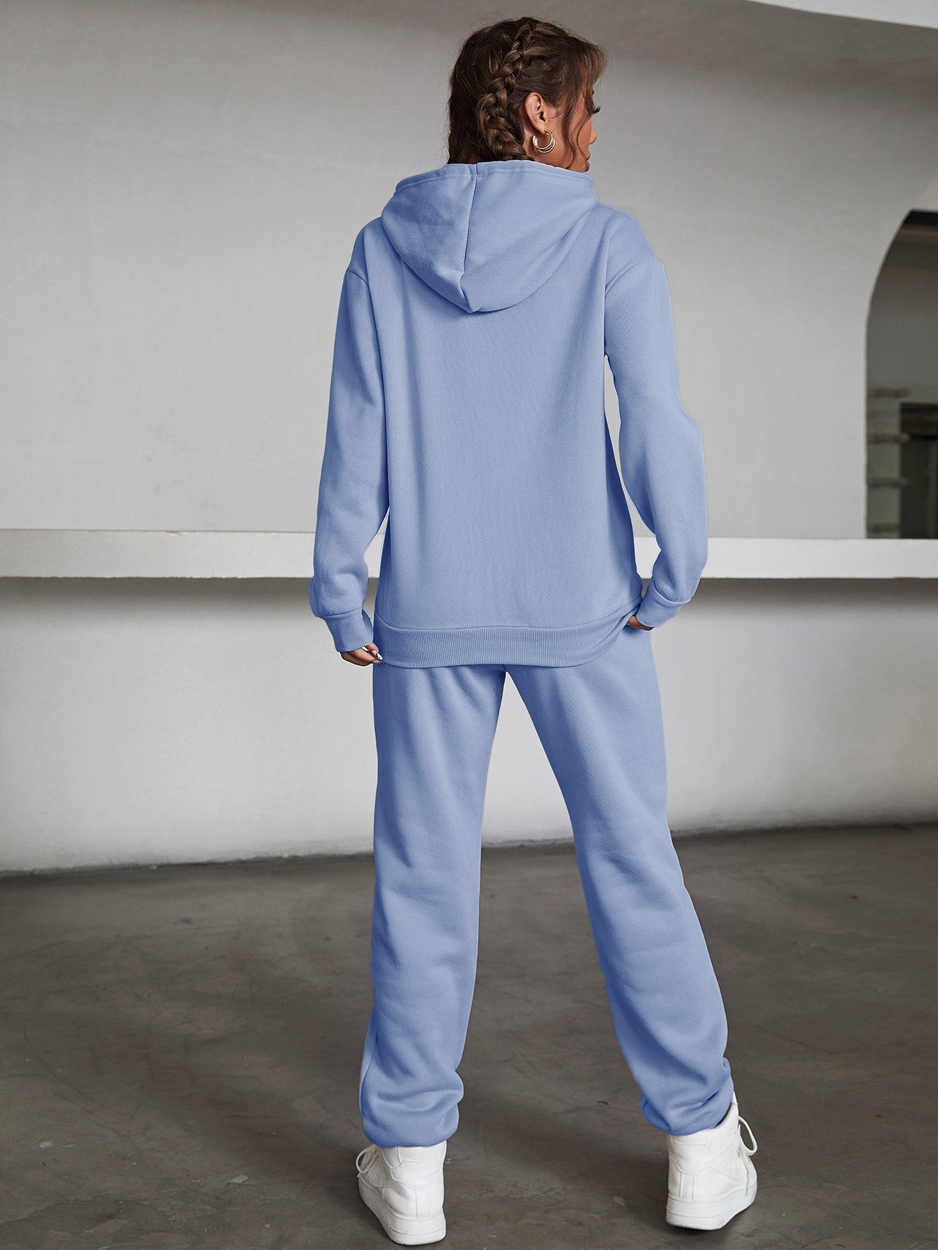 Solid Drawstring Detail Thermal Lined Sweatshirt Sweatpants
