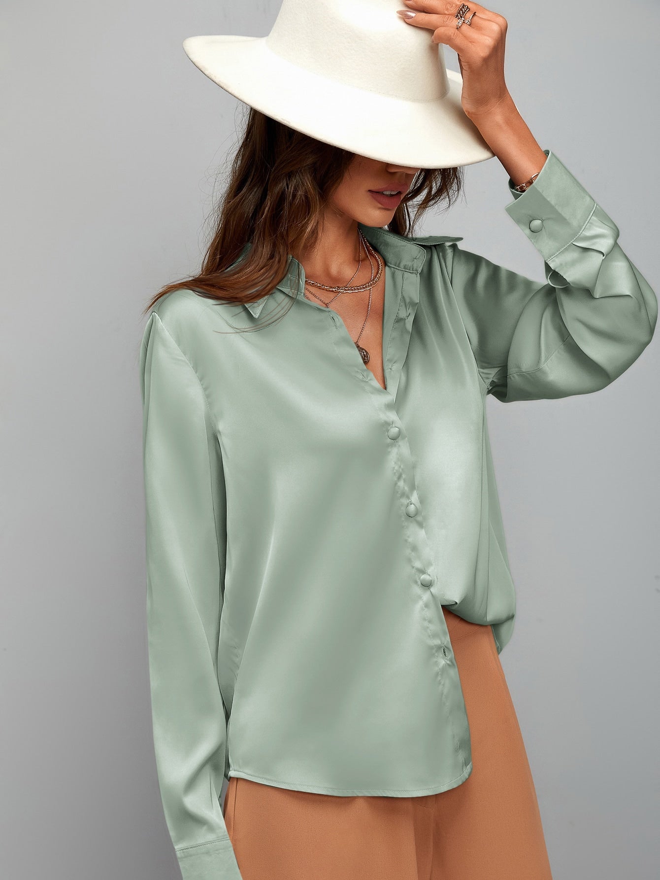 Satin Solid Button Up Blouse