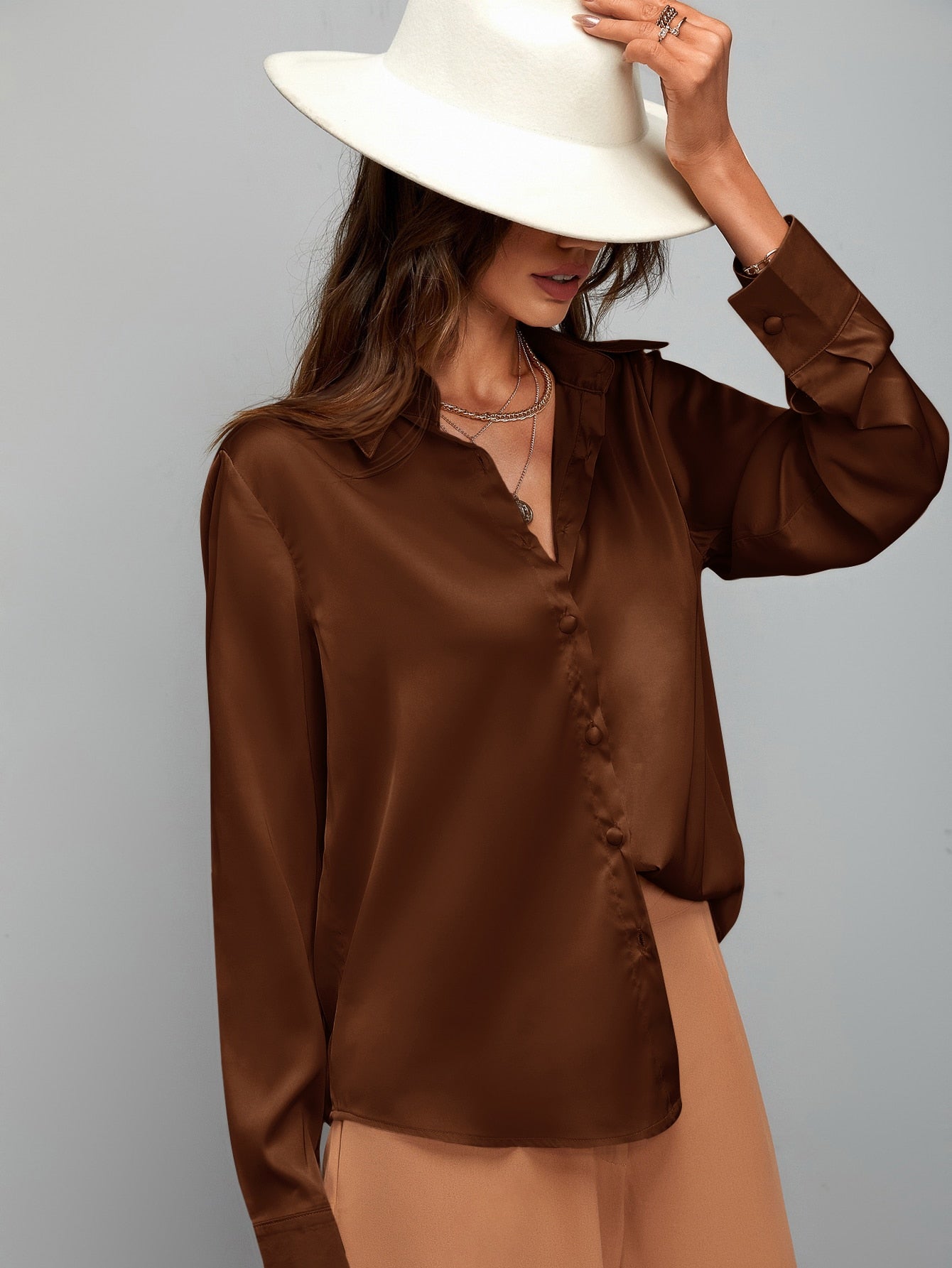 Satin Solid Button Up Blouse