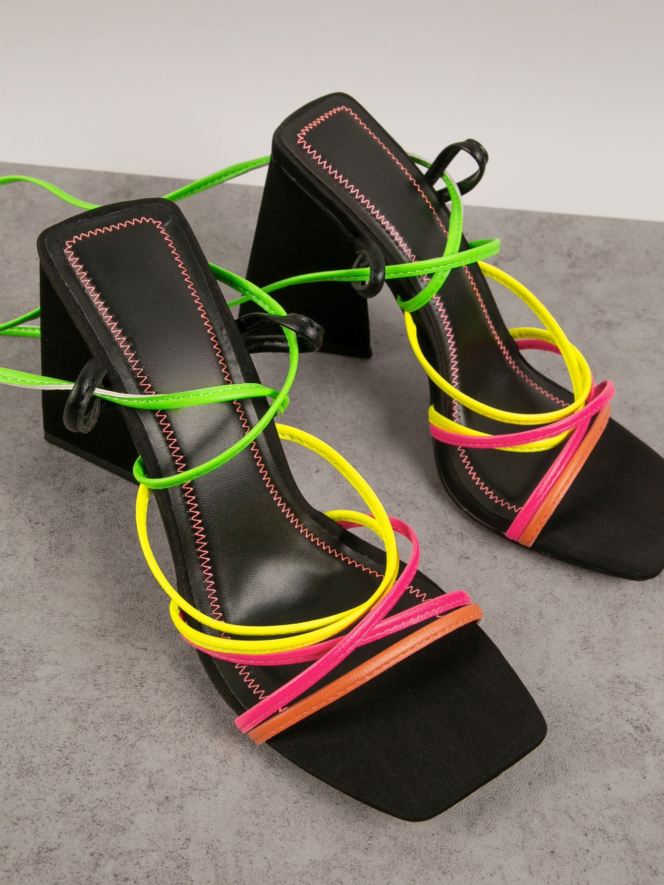 Square Open Toe Strappy Wrap Up Flared Block Heels