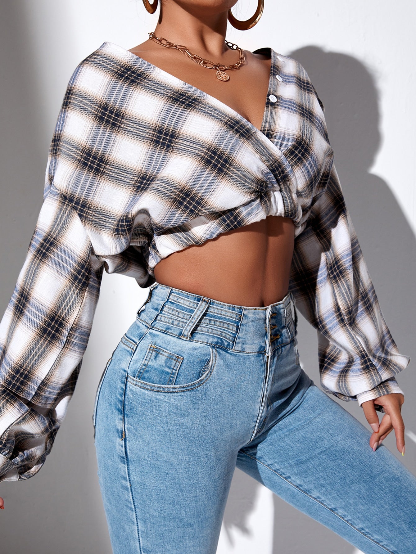 Tartan Print Lantern Sleeve Crop Blouse