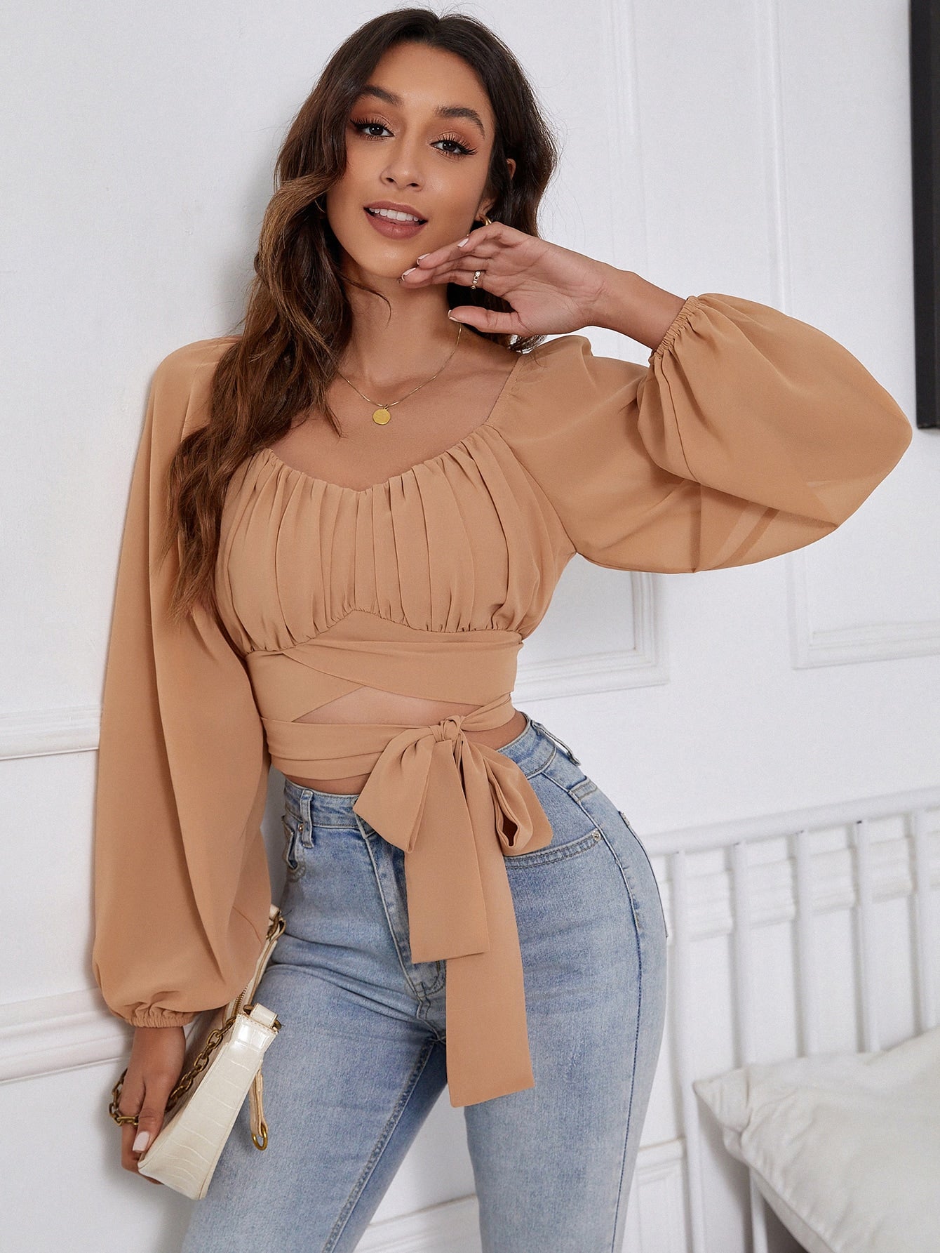 Ruched Bust Lantern Sleeve Knot Front Crop Blouse