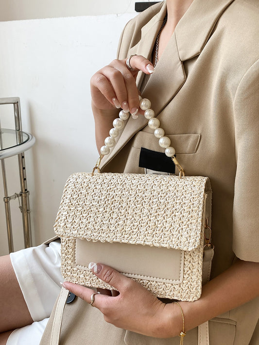 Faux Pearl Decor Flap Straw Bag