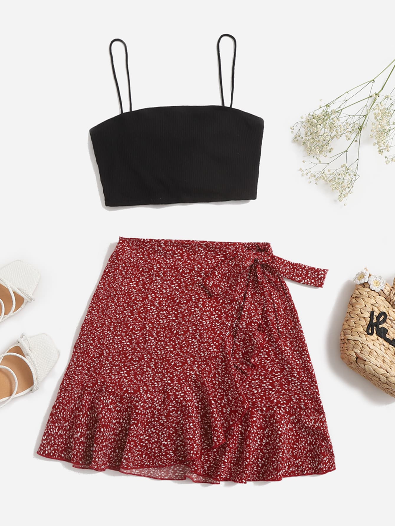Rib knit Cami Top and Tie Front Allover Plants Skirt Set
