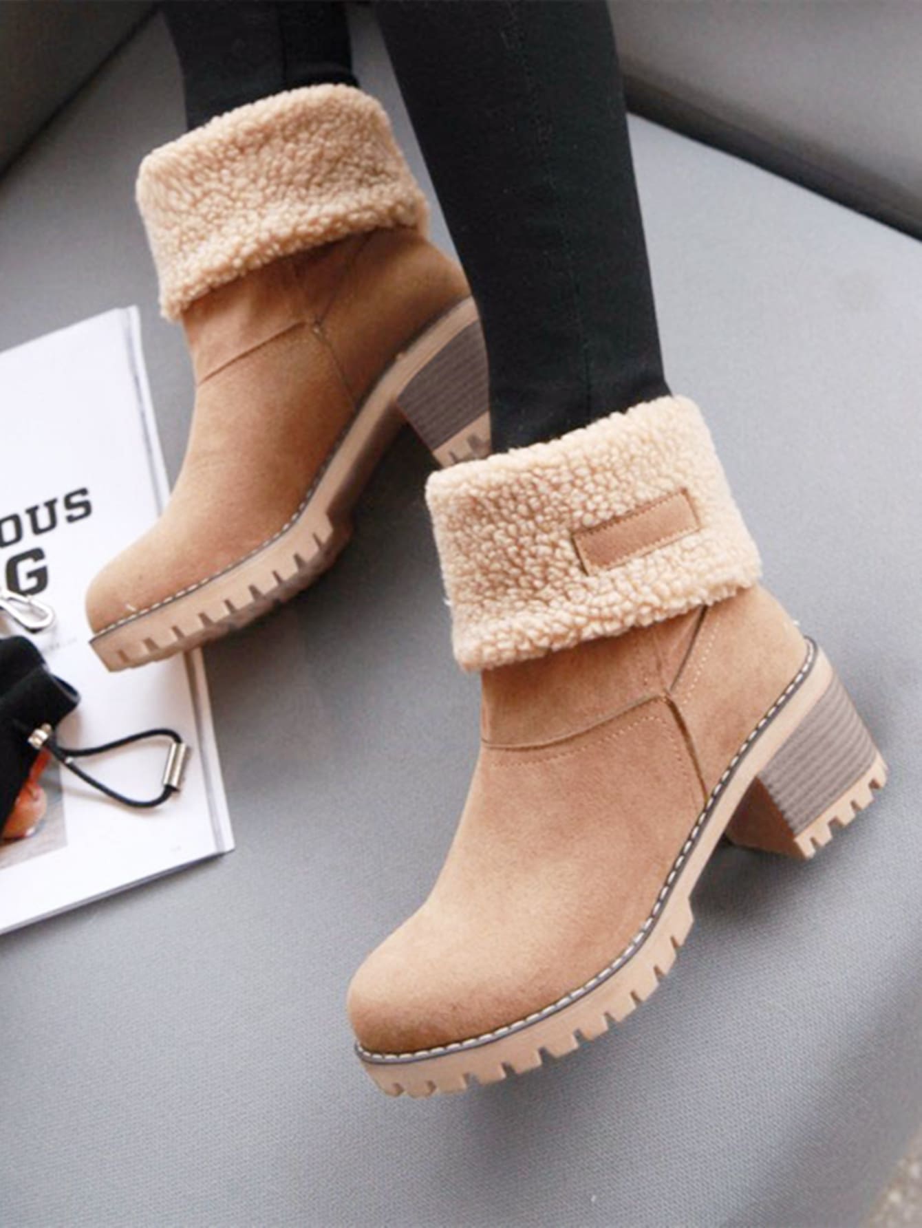 Suede Cotton Lining Chunky Heeled Snow Boots