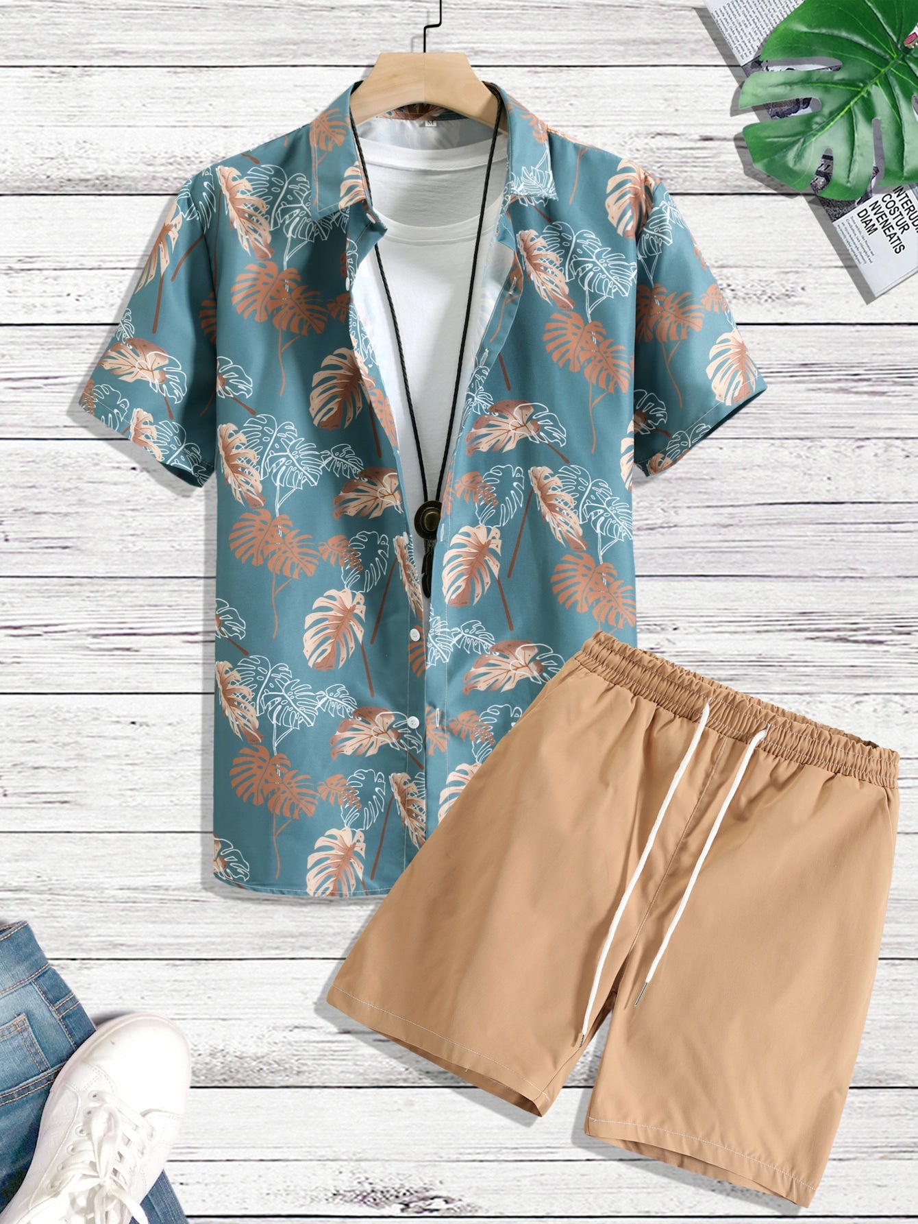 Men Random Tropical Print Shirt Drawstring Shorts Without Tee