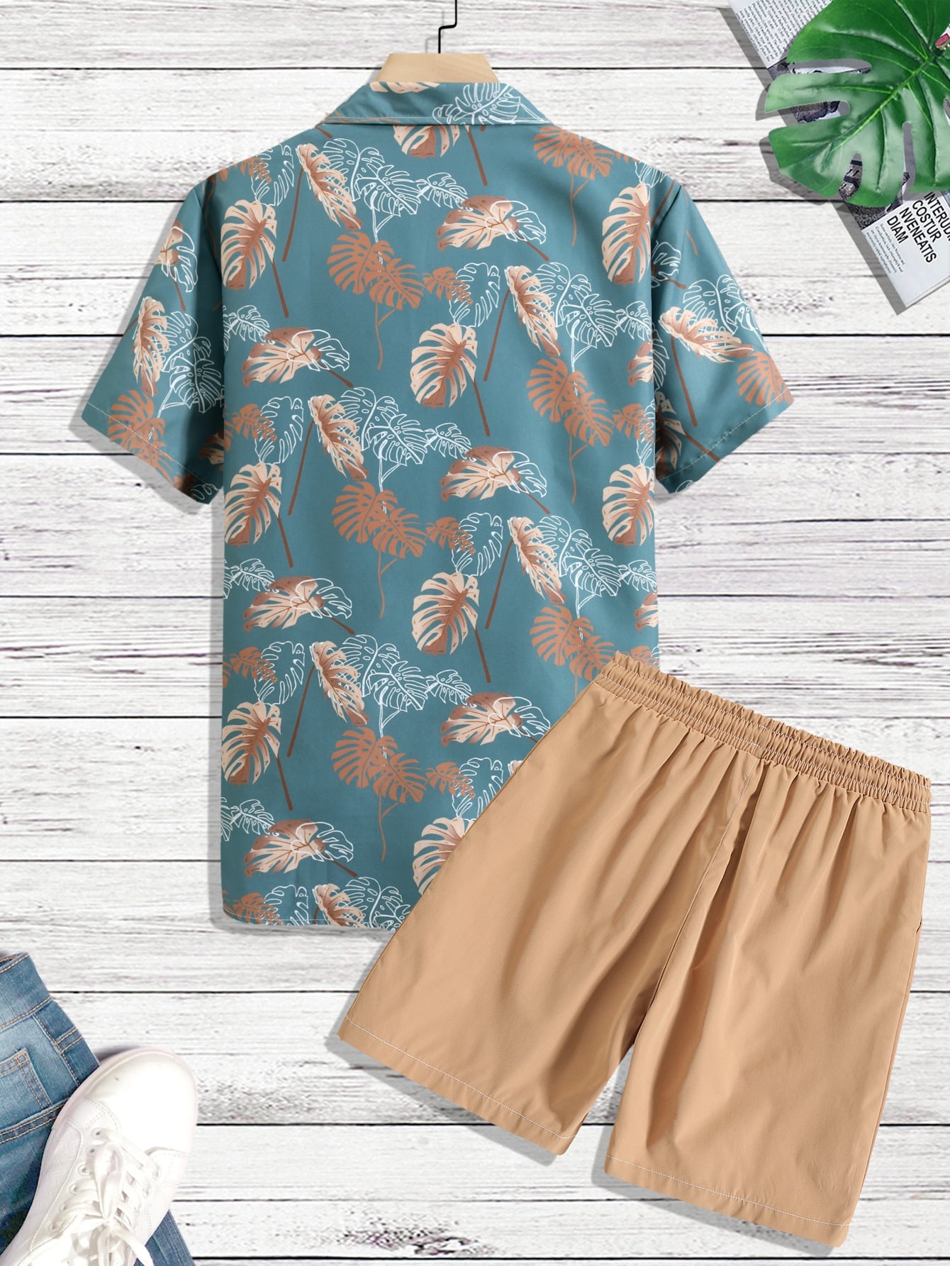 Men Random Tropical Print Shirt Drawstring Shorts Without Tee