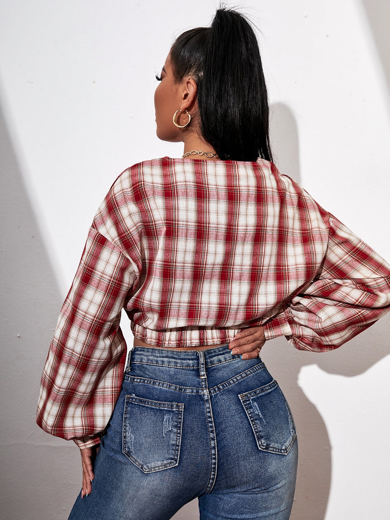 Tartan Print Lantern Sleeve Crop Blouse