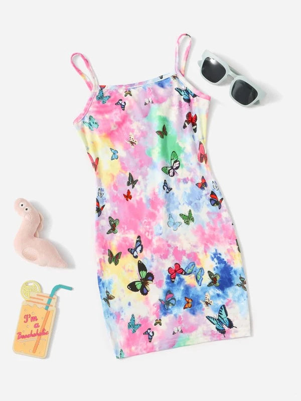 Butterfly Print Tie Dye Fitted Cami Dress