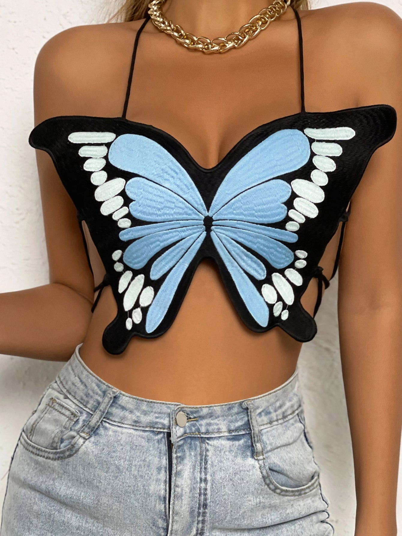Lace Up Backless Butterfly Embroidered Cami Top