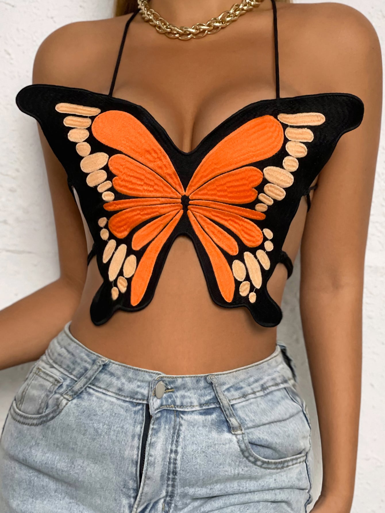 Lace Up Backless Butterfly Embroidered Cami Top