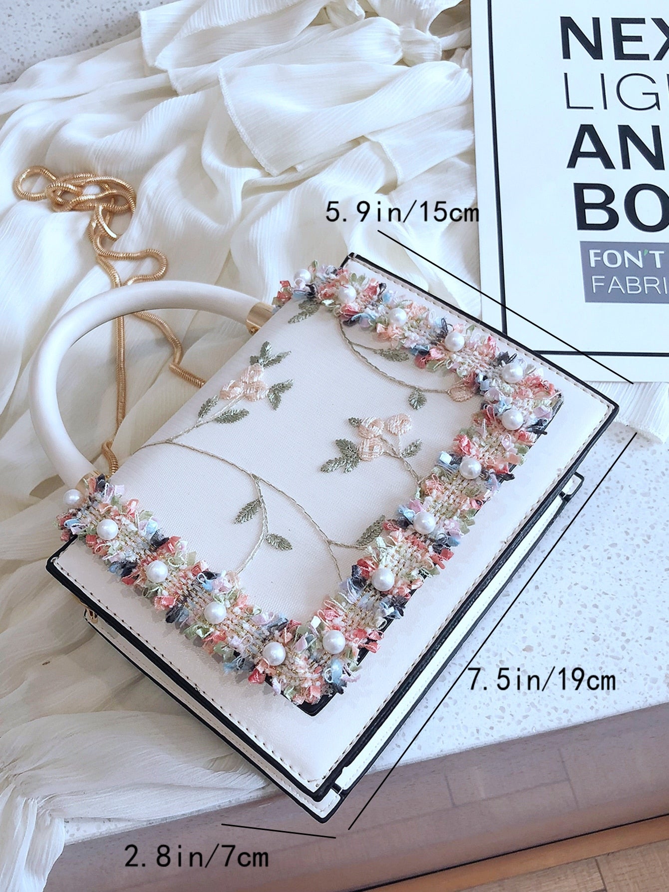 Floral Embroidered Faux Pearl Decor Flap Square Bag