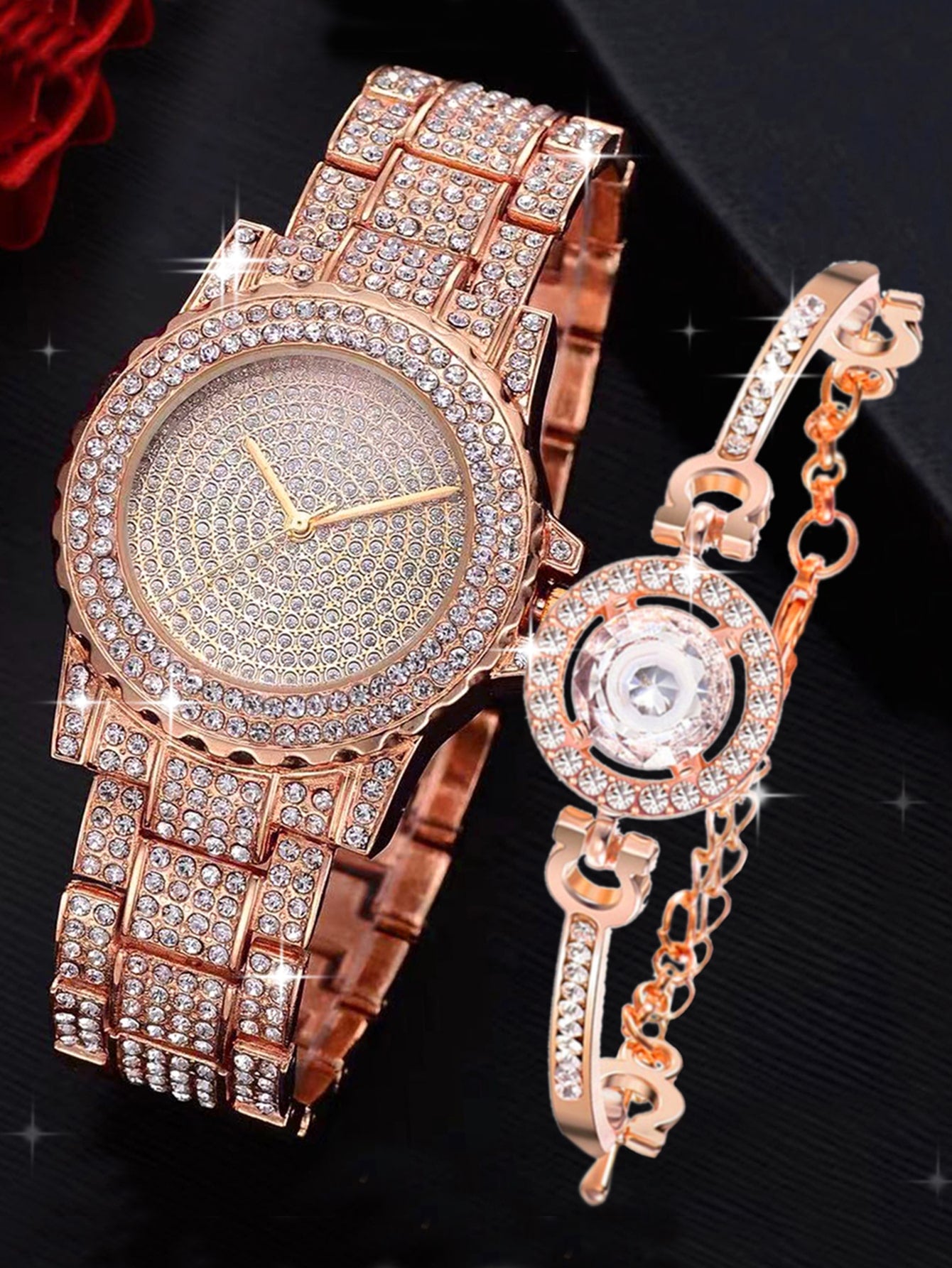 1pc Rhinestone Decor Round Pointer Quartz Watch 1pc Bracelet