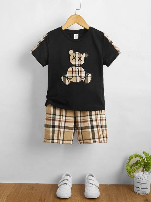 Plaid Bear Embroidery Tee & Shorts