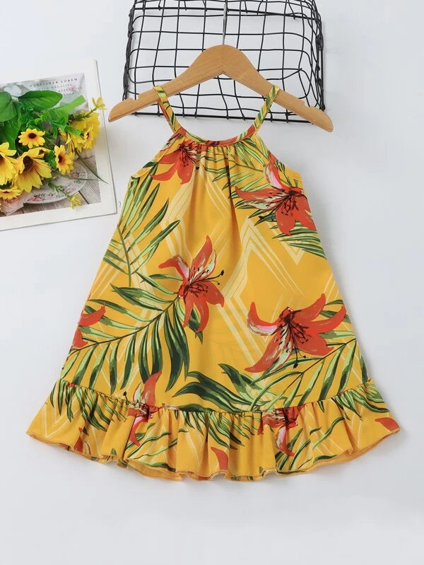 Tropical Print Ruffle Hem Cami Dress