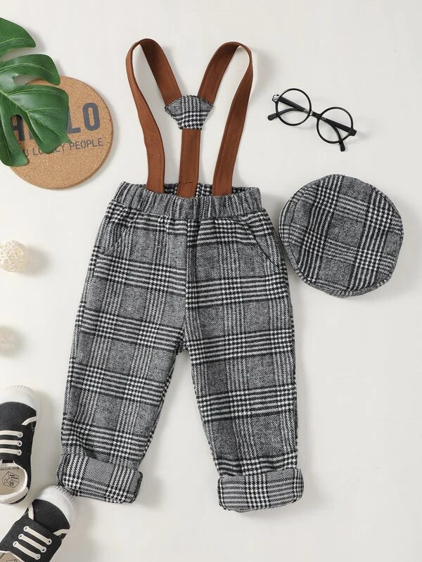 Houndstooth Print Suspender Pants With Hat