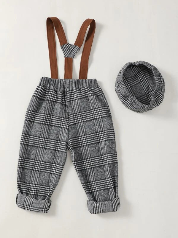 Houndstooth Print Suspender Pants With Hat