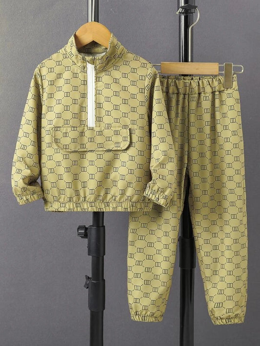 Allover Print Half Zipper Pullover & Pants