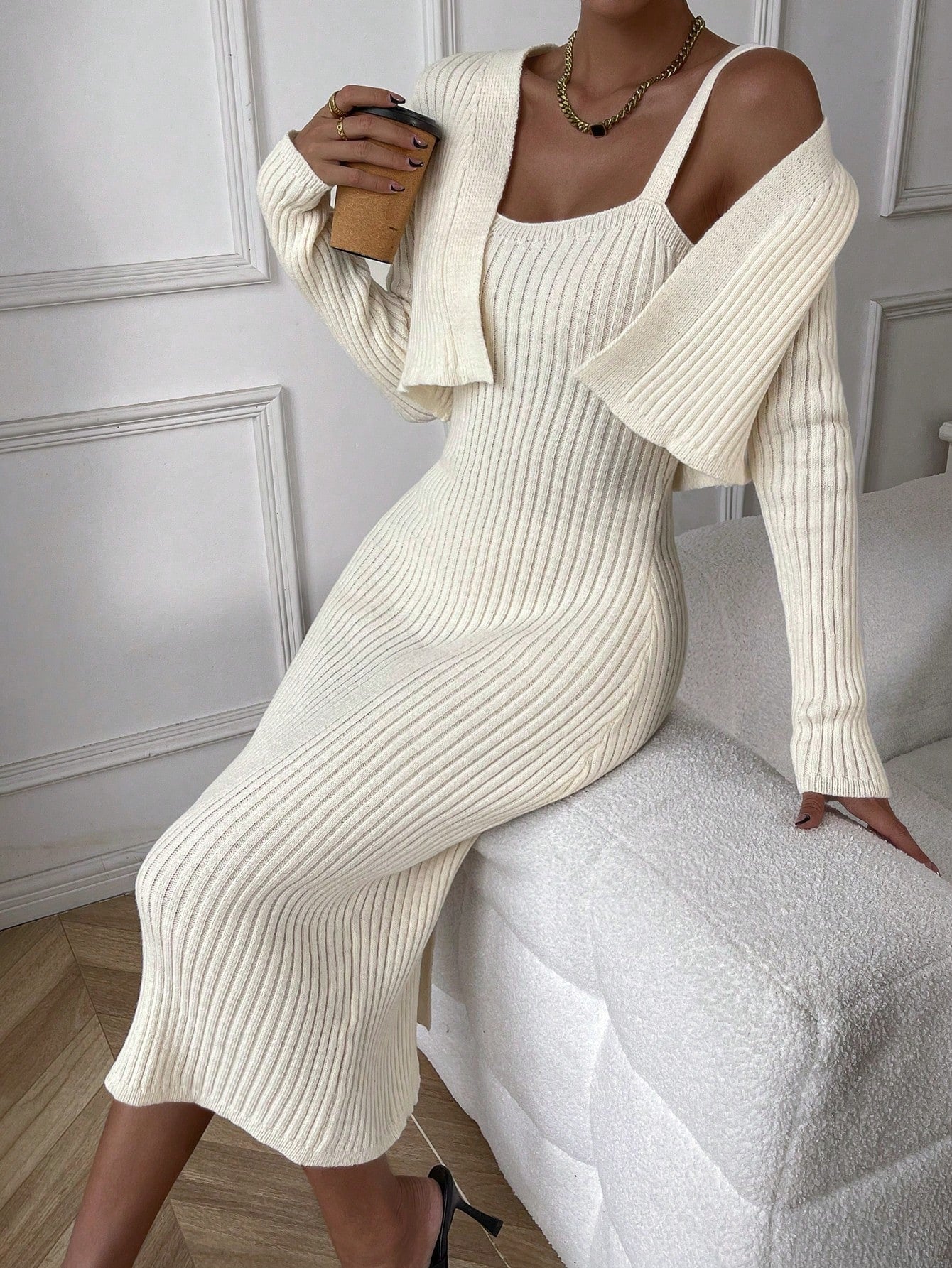 Ribbed Knit Cami Sweater Dress & Cardigan